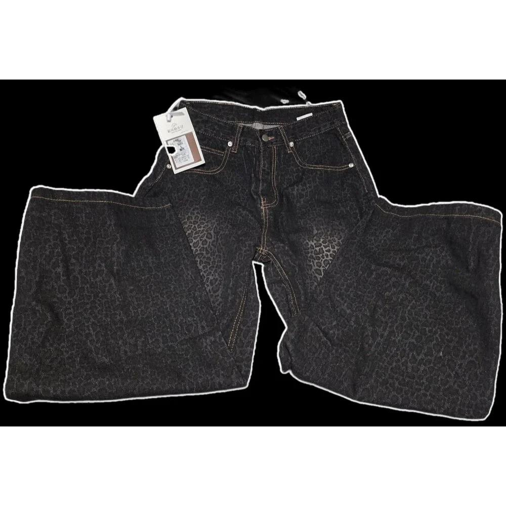 Cheetah Baggy Black High Waisted Flare Wide Leg Jeans 30